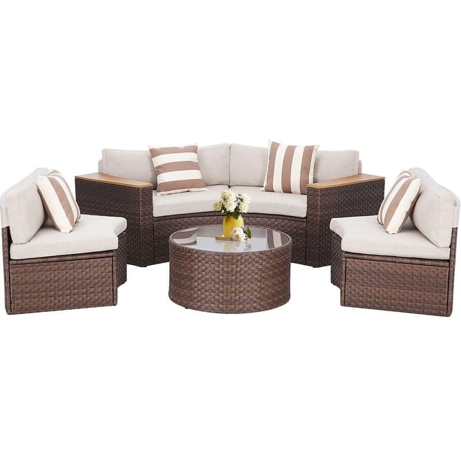 Outdoor Patio Furniture 5-piece Rattan Wicker Half-Moon Half Round Curved Sofa Sectional Set