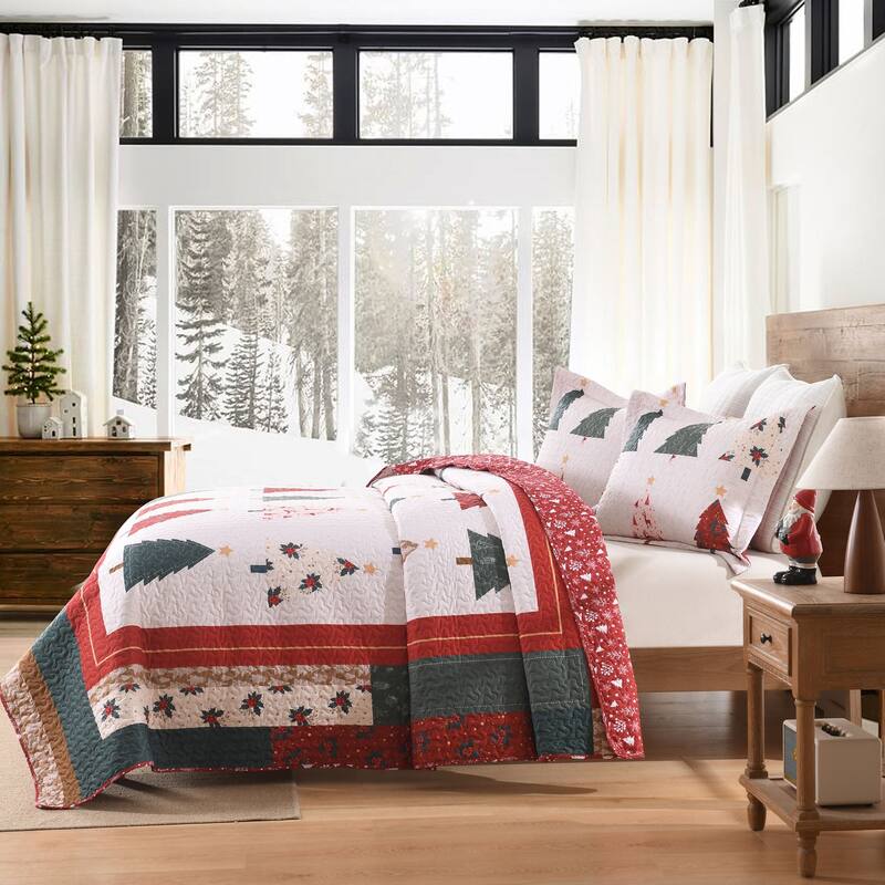 3 Pcs Festive Christmas Tree Quilt Bedspread Set