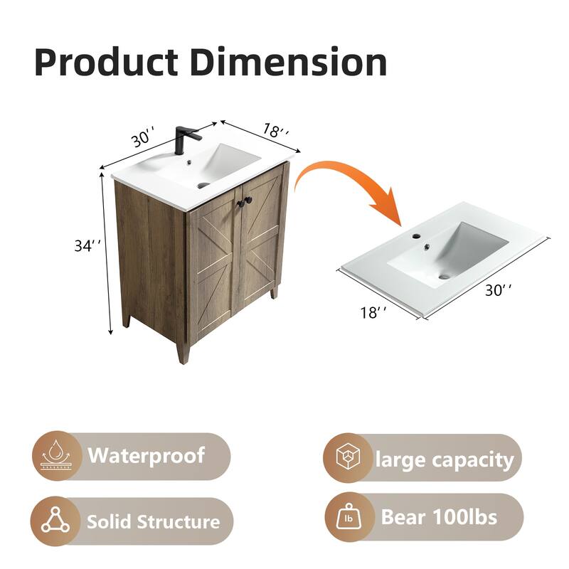 30 Inch Folding Bathroom Floor Cabinet with Ceramic Sink, 1-Minute Tool-Free Install, Space-Saving Freestanding Vanity
