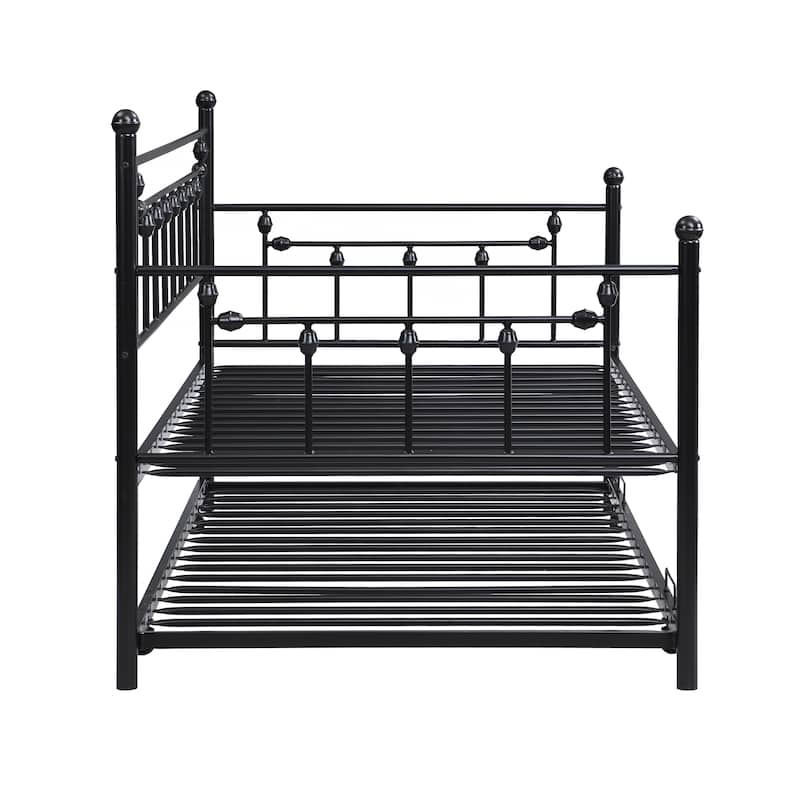 Black Twin Size Metal Daybed with trundle and Back for Kids, Boys, Girls and Bedroom