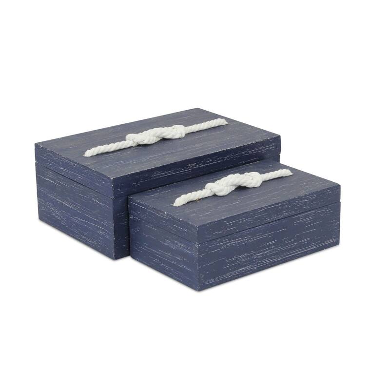 Set of 2 White and Blue Rectangular Storage Boxes 11.75"