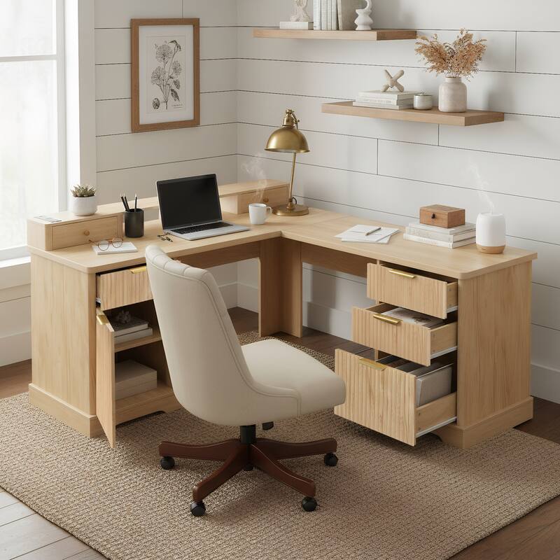 59" Modern Fluted L-Shaped Desk with Charging Station & Storage Cabinet Home Office Computer Desk with Monitor Stand