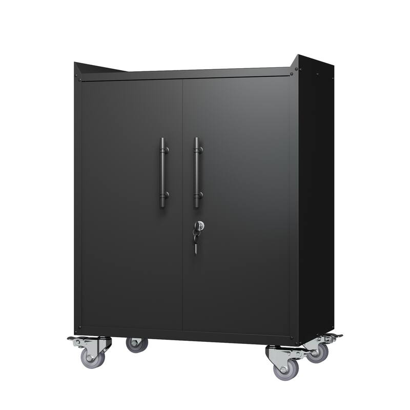 Black Metal Rolling Garage Storage Cabinet with Adjustable Shelves and Lockable Door - 30.31 x 18.11 x 35.40 in (L x W x H)