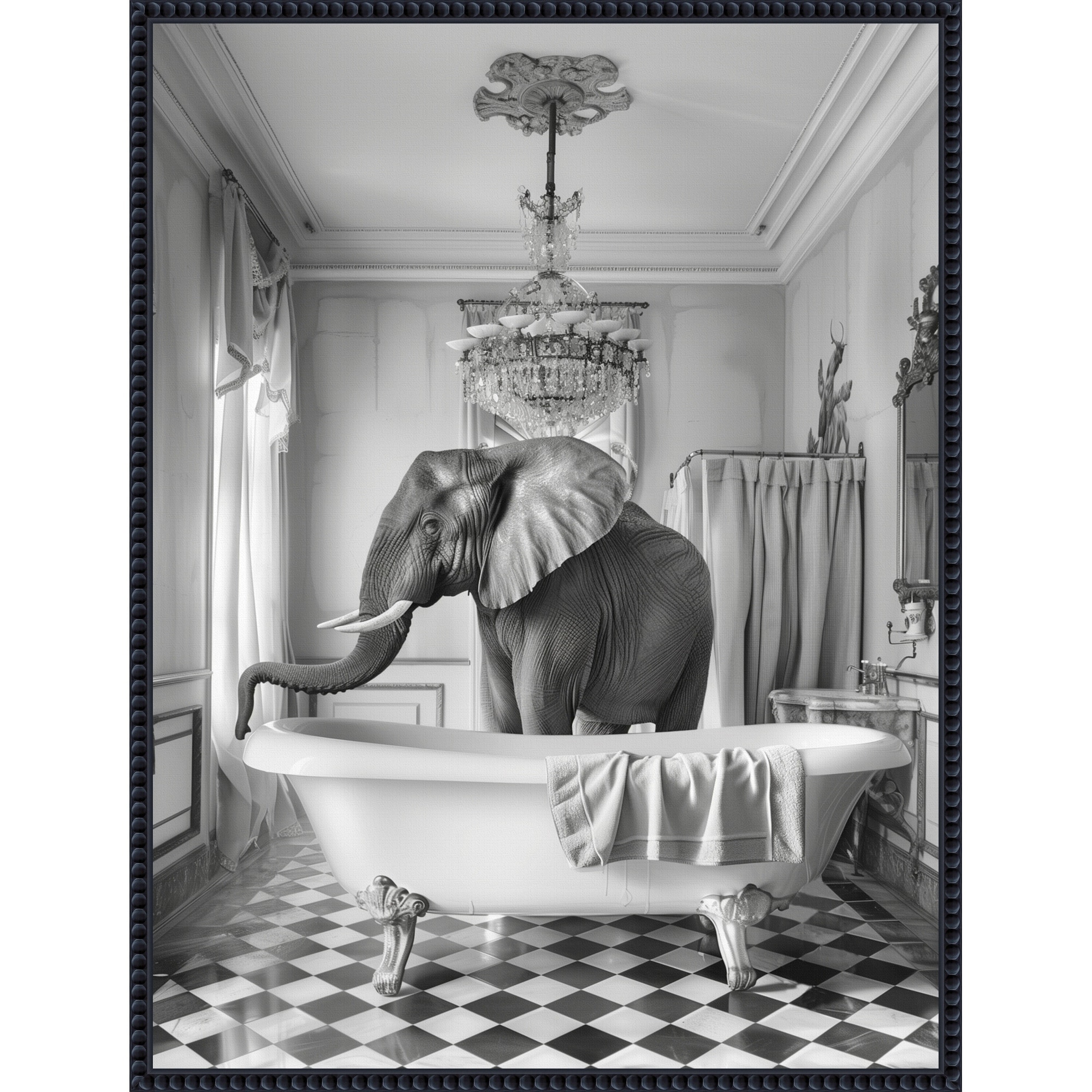 A Bathroom Occupied Elephant by Niky Rahner Framed Canvas Wall Art