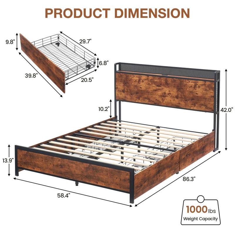 Modern LED Bed Frame with Storage Drawers and Charging Station