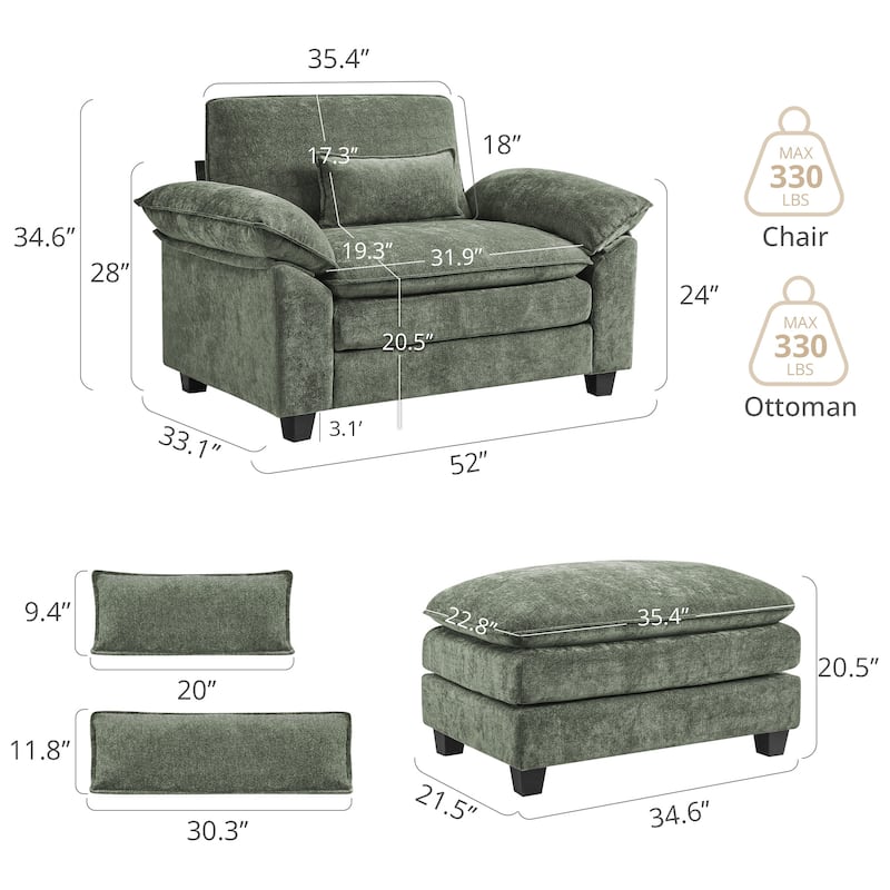 52" W Chaise Lounge Chair Indoor, Oversized Accent Chair With Ottoman For Living Room, Chenille Single Sofa Bed, Reading Chairs