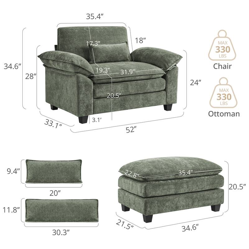52" W Oversized Accent Chair With Ottoman, Chenille Single Sofa Bed ,Chaise Lounge Chair Indoor,Reading Chairs For Living Room