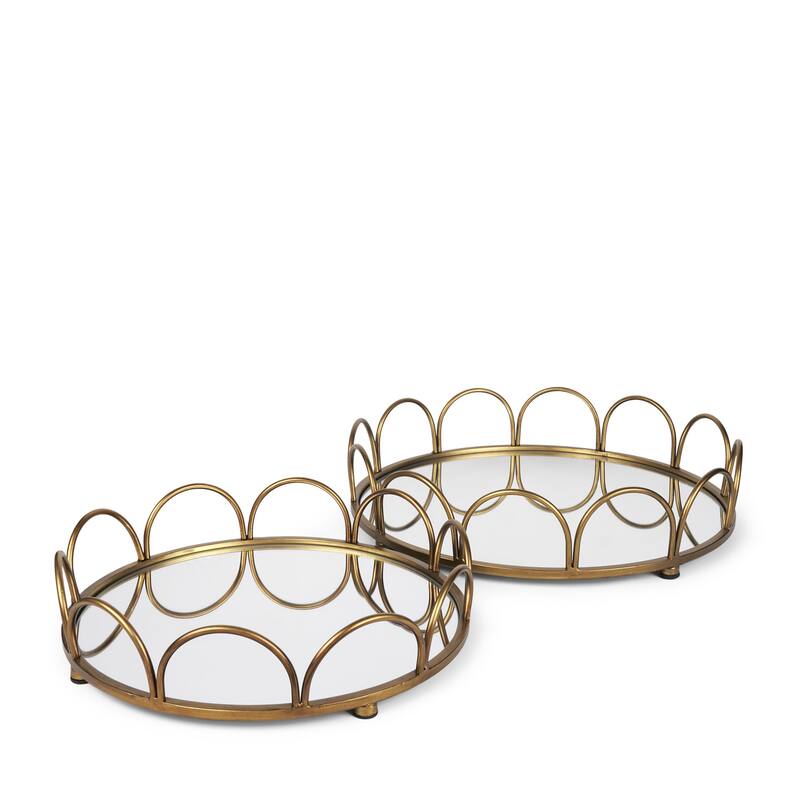 HomeRoots Set of Two Antiqued Gold Metal And Mirrored Glass Round Vanity Trays - 18.90 in. x 4.33 in. x 18.90 in.