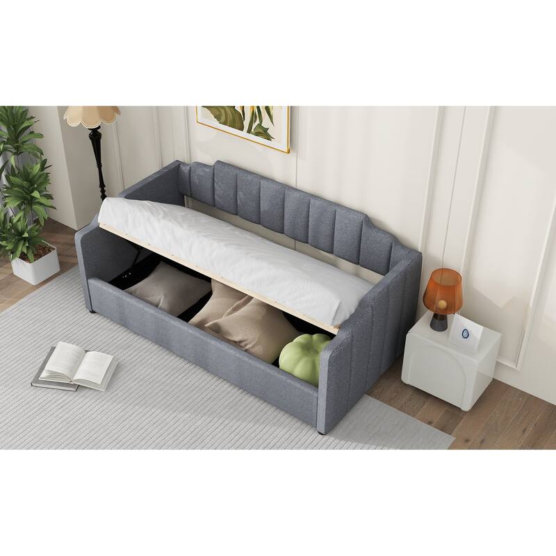 Linen Upholstered Daybed with Underneath Storage, Twin Size