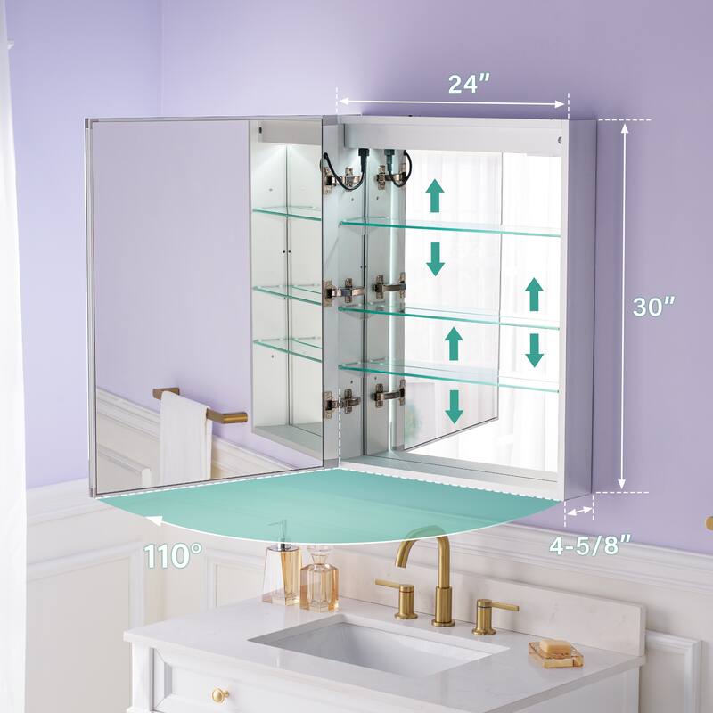 Recessed or Surface 30" H LED Mirror Cabinet with Adjustable Glass Shelves,Defogger, Dimmer And Outlets & USB Ports