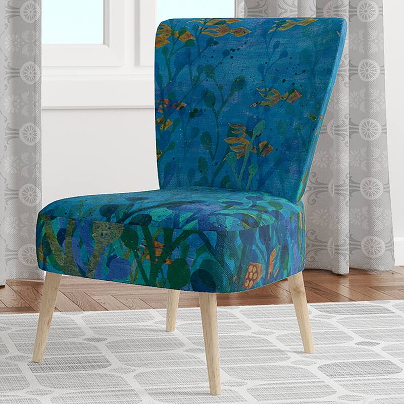 Designart "Blue Underwater Lake Leaves I" Upholstered Nautical & Coastal Accent Chair - Arm Chair