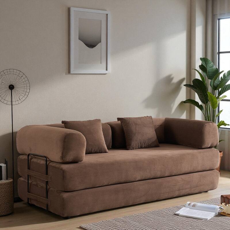 Convertible Corduroy Sleeper Sofa Bed, 4-in-1 Folding Mattress Couch with Cylindrical Pillow & Fixed-Shape Frame, No-Assembly - Brown