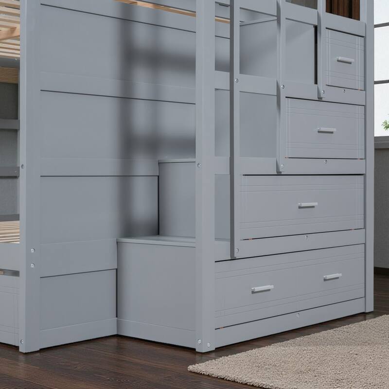 Full Over Full Bunk Bed with Twin Trundle and Storage Staircase, Solid Wood Frame, Space-Saving Design
