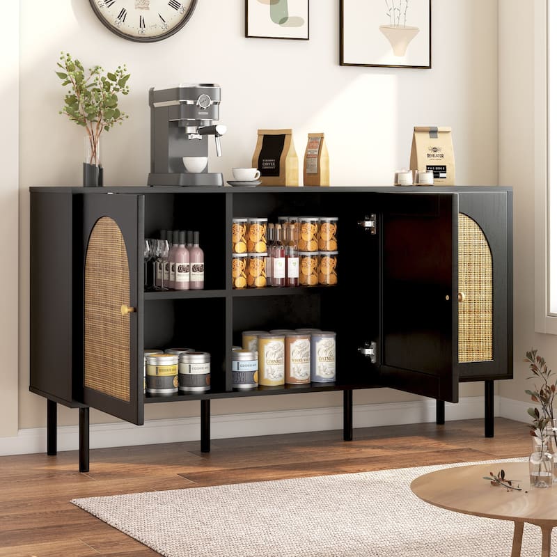 EROMMY Modern Sideboard Buffet Cabinet with Fluted Doors, 2-Door Storage Console Table for Kitchen, Dining Room & Living Room - Rattan-Woven Doors - Black