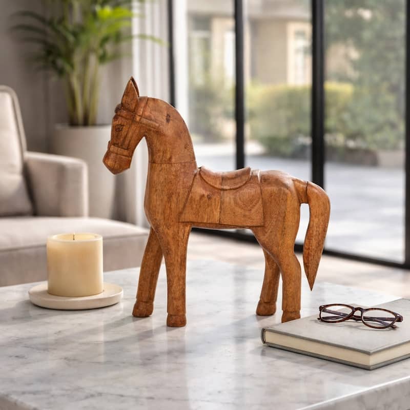 Wood Standing Horse with Saddle Figurine - Brown, 12" - 12.0"