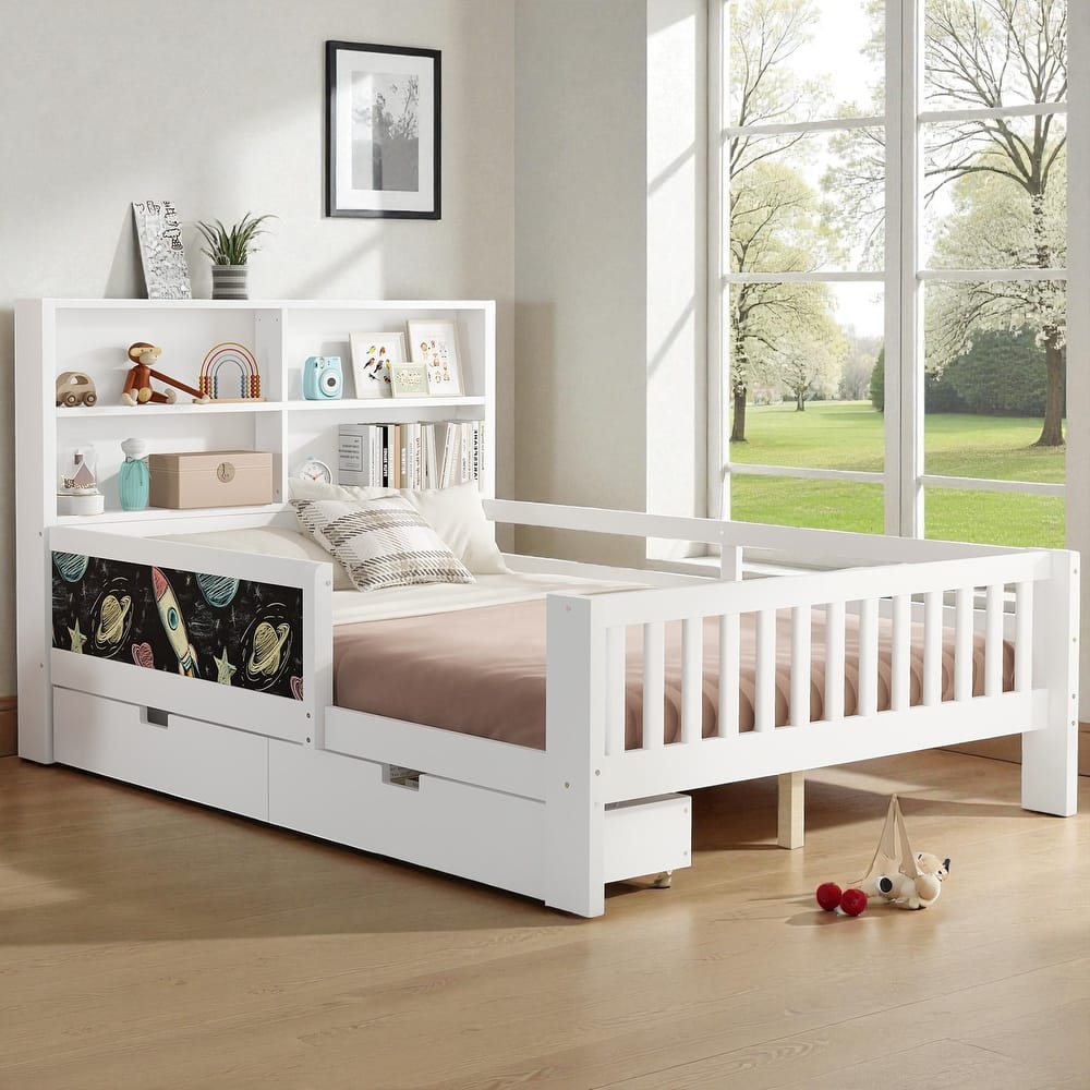 Twin/Full Solid Wood Platform Bed with Chalkboard Headboard, Storage Drawers and Shelves, Space-Saving Kids Bed
