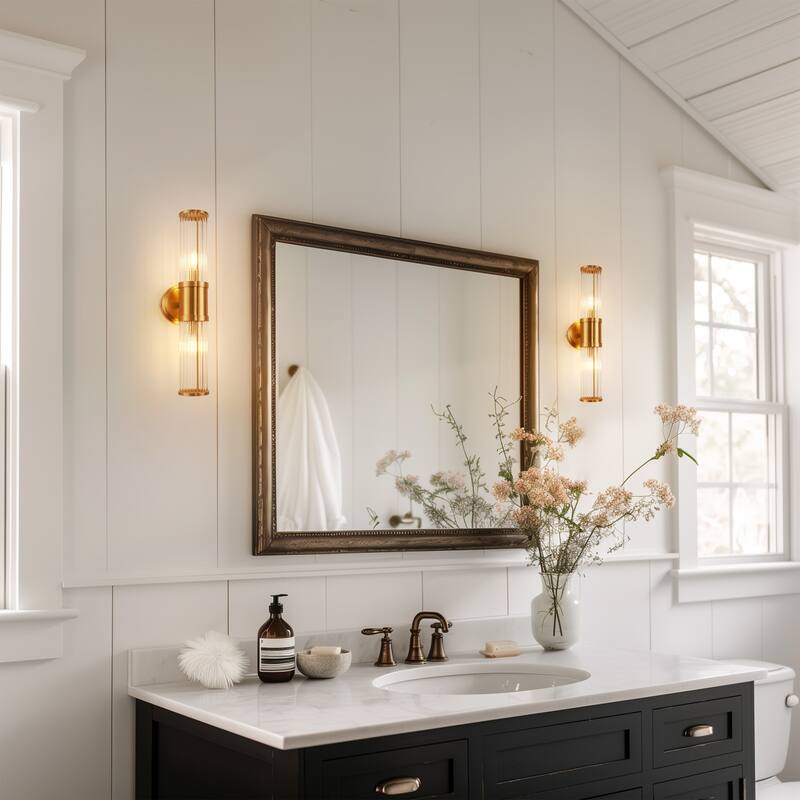 YANSUN 2-Light Crystal Mirror Vanity Light, Copper Finish, E12 Base for Luxurious Bathroom Décor - 3.3*6.3*19.6