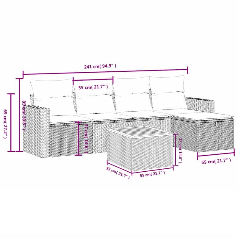 vidaXL Patio Sofa Set with Cushions Outdoor Furniture 6 Piece Poly Rattan - 21.7" x 24.4" x 27.2"