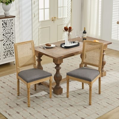 French Decor Chairs Set of 2, Louis Dining Chairs with Square Rattan Backrest and Exquisitely Carved Solid Wood Frame