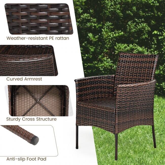 2 Pieces Rattan Arm Dining Chair Cushioned Sofa Furniture Patio - 25'' x 23'' x 33'' (L x W x H)