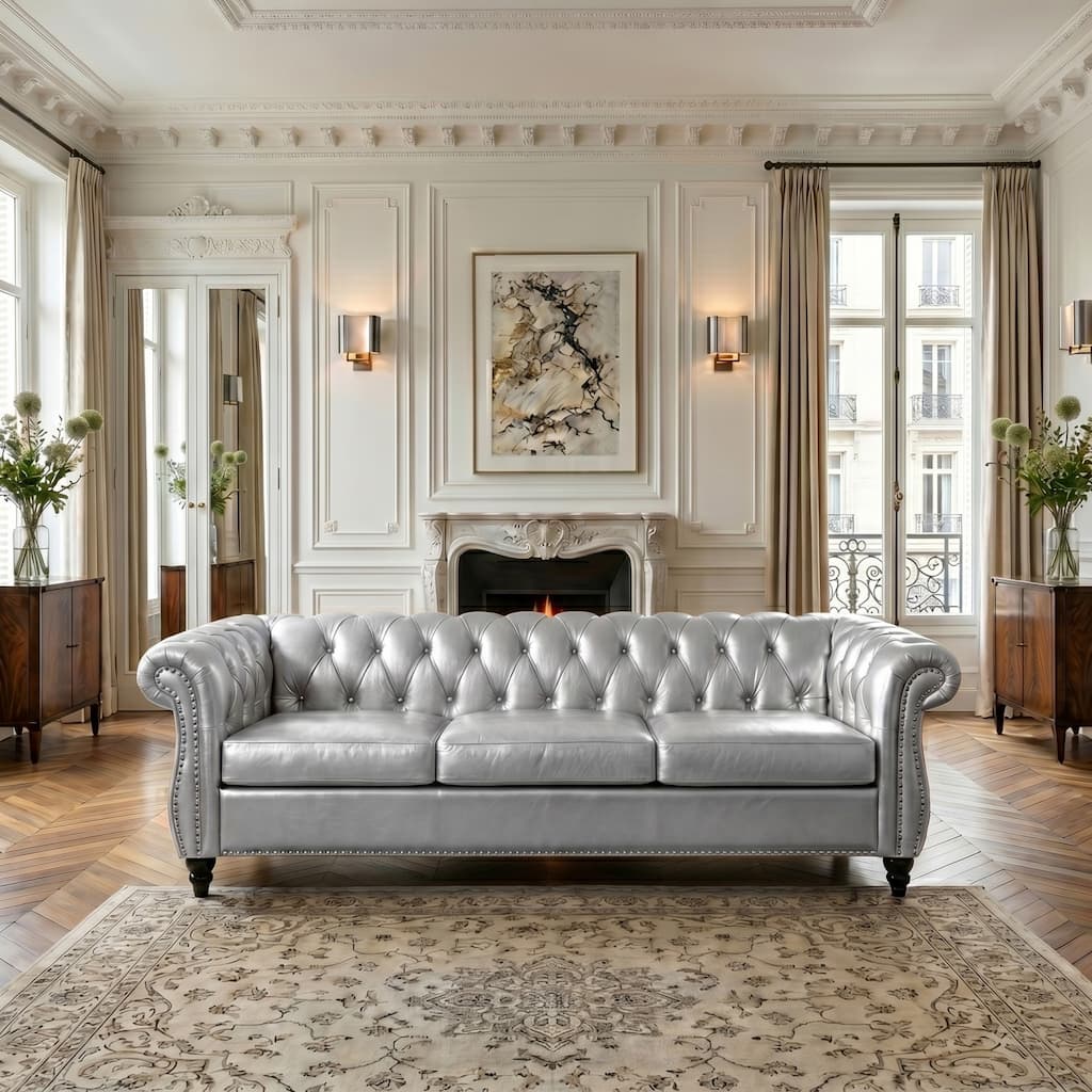 84.65" PU Leather 3-Seater Sofa with Button Tufted Back and Nailhead Trim