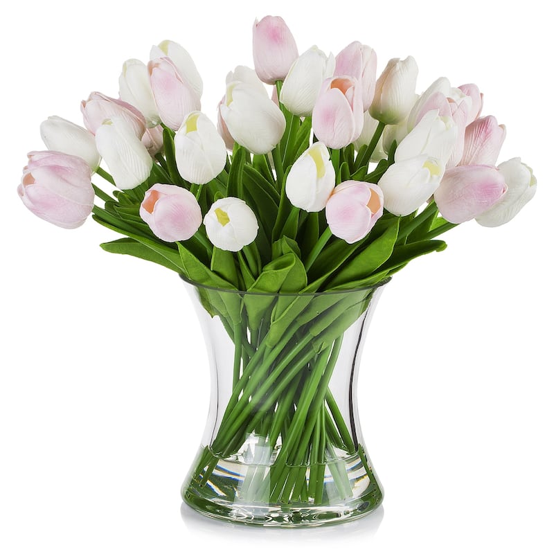 Enova Home Large Artificial White Pink Real Touch Tulips Fake Silk Flowers Arrangement in Clear Glass Vase for Home Office Decor - White Pink