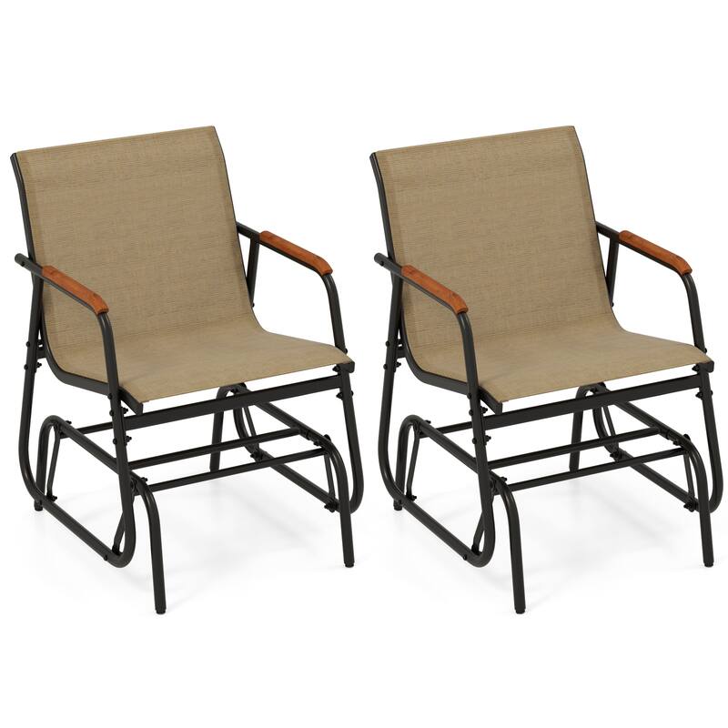 Set of 2 Black Metal Glider Chair with Teak Armrests and Breathable Seat Fabric - 29" L x 24" W x 33" H - Black-Brown