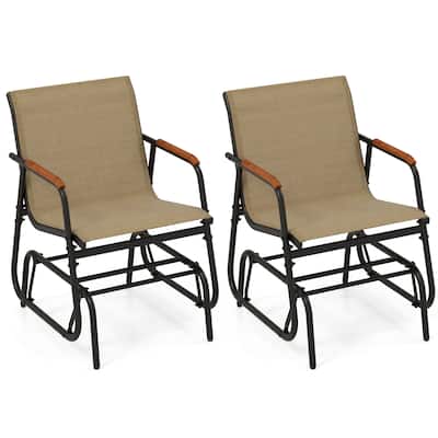 Set of 2 Black Metal Glider Chair with Teak Armrests and Breathable Seat Fabric - 29" L x 24" W x 33" H