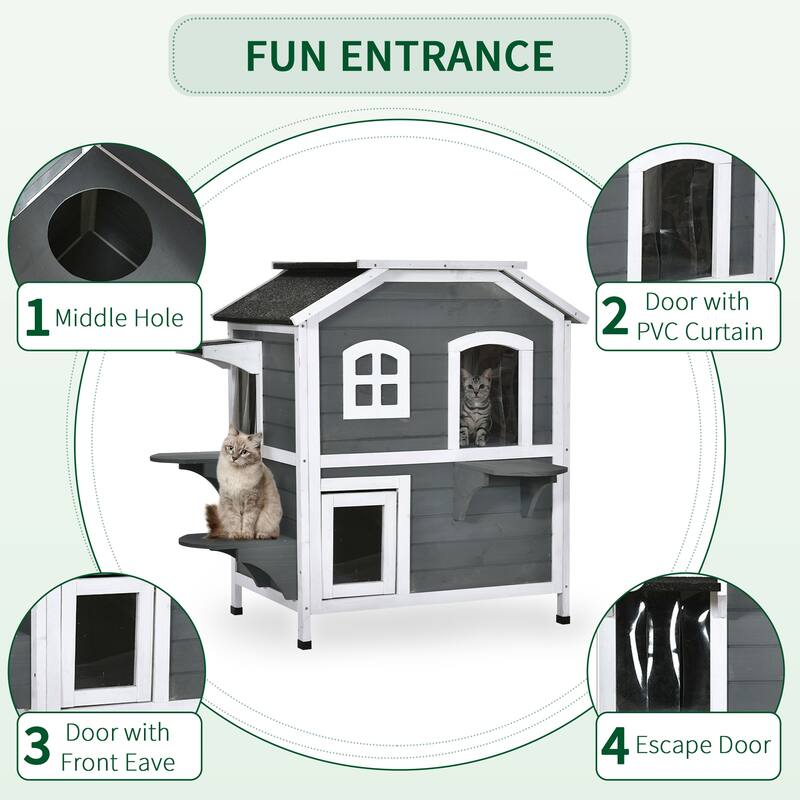 PawHut 2-story Cat House Outdoor, Weatherproof Wooden Cat Enclosure for Feral Cats with Escape Door, Openable Roof