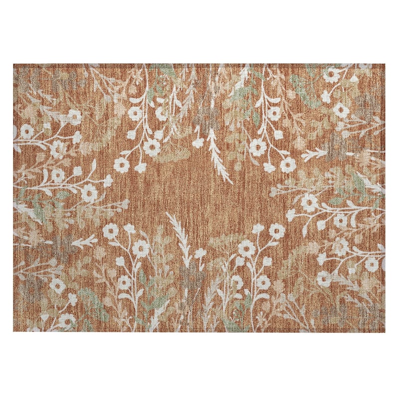 Machine Washable Indoor/ Outdoor Floral Border Chantille Rug