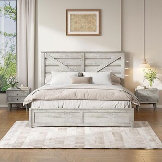 Rustic King Size Wooden Bed Frame with Headboard, Underbed Storage ...