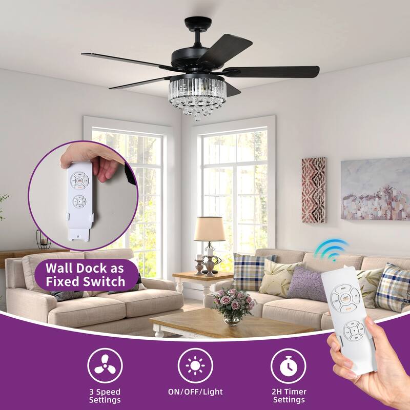 52'' Modern Crystal Ceiling Fan Chandelier with Light Kit and Remote