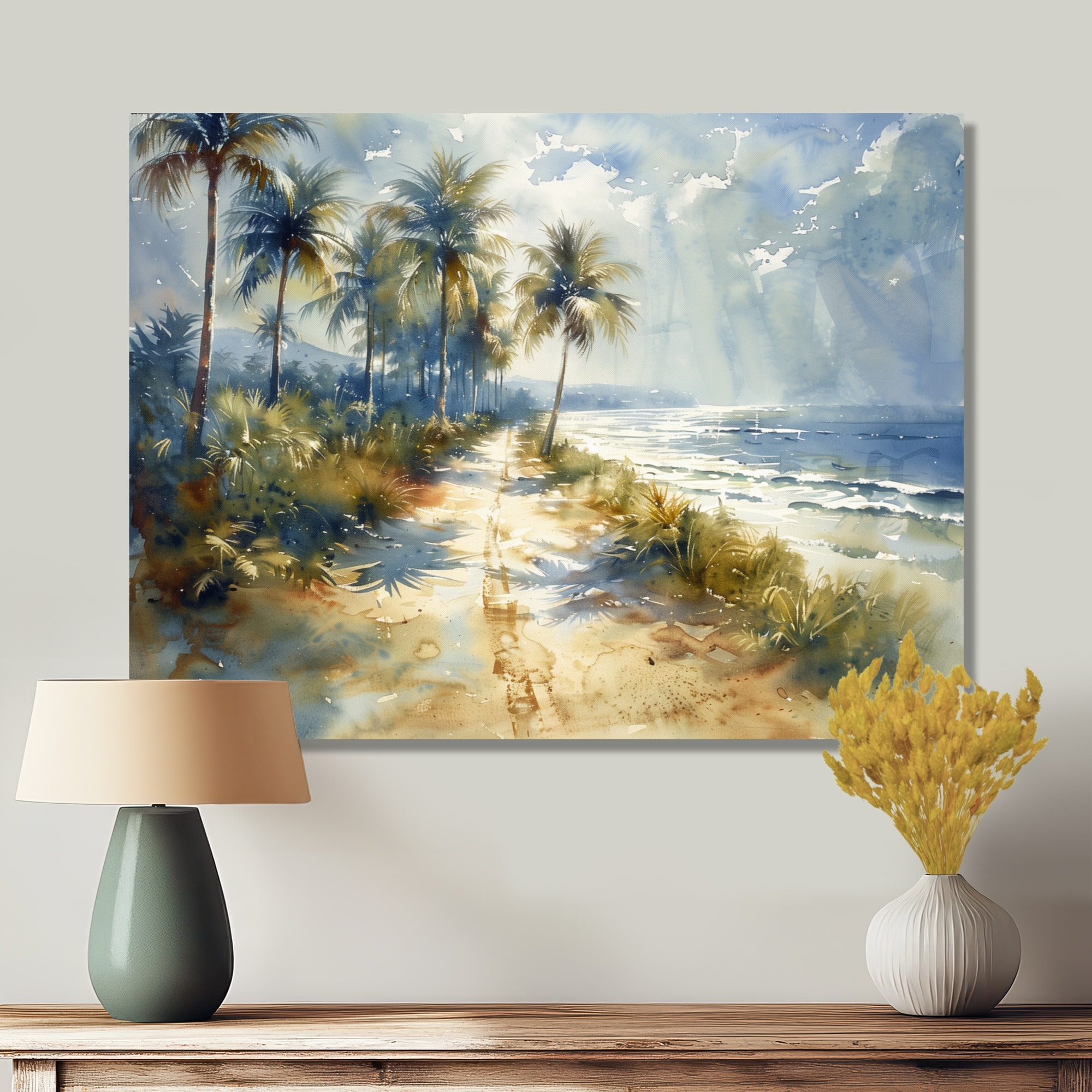 Designart "Blue Green Palm Trees Coastal Breeze VI" Palms & Palm Trees Canvas Wall Art - Traditional Blue Wall Decor