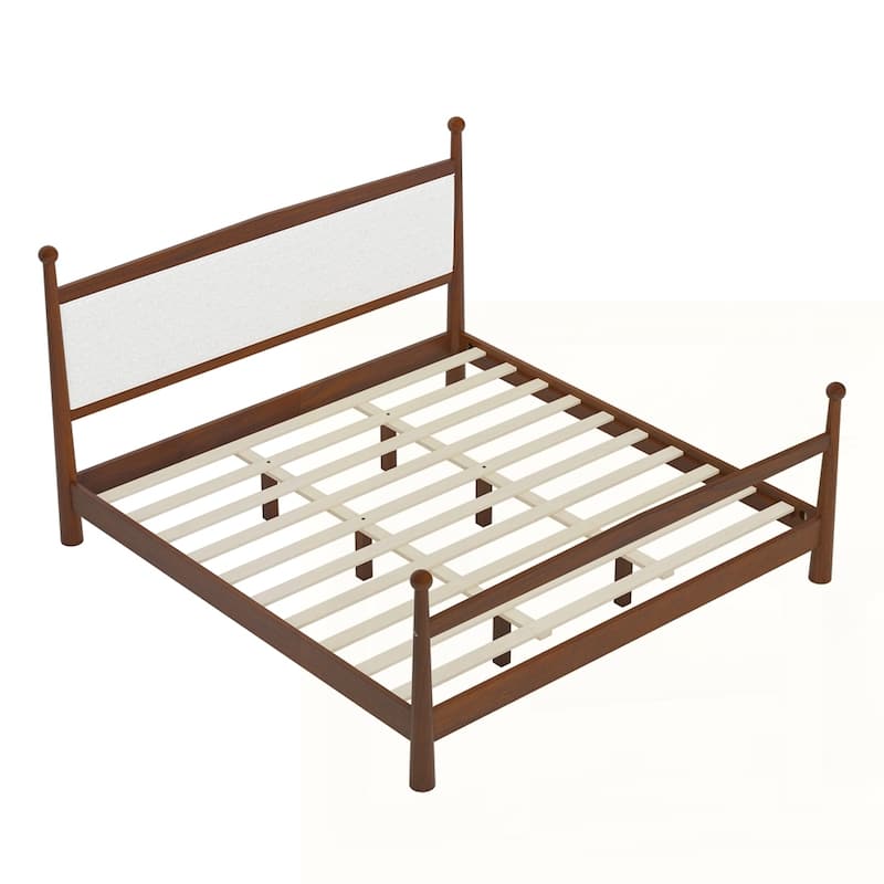 Solid Pine Wood Platform Bed with Upholstered Headboard