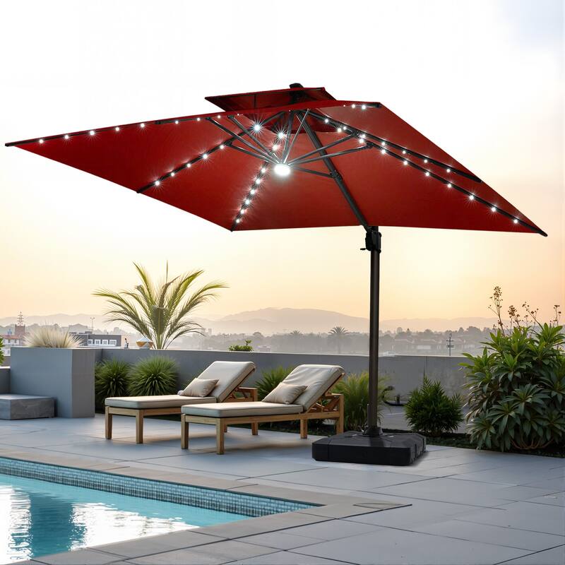 VredHom 11X11 FT Outdoor Aluminum Square Cantilever Patio Umbrella Solar LED Light with Weights Base - Red