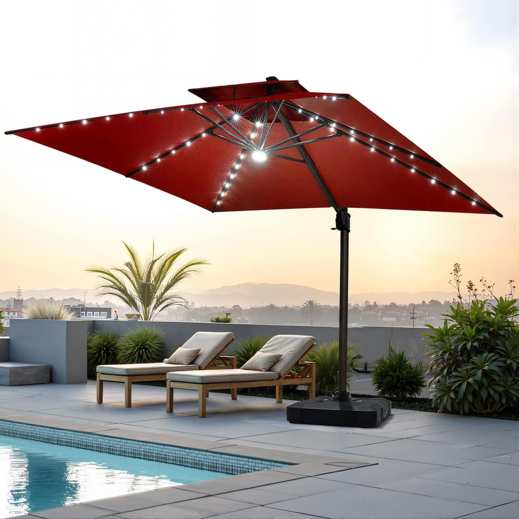 VredHom 11X11 FT Outdoor Aluminum Square Cantilever Patio Umbrella Solar LED Light with Weights Base