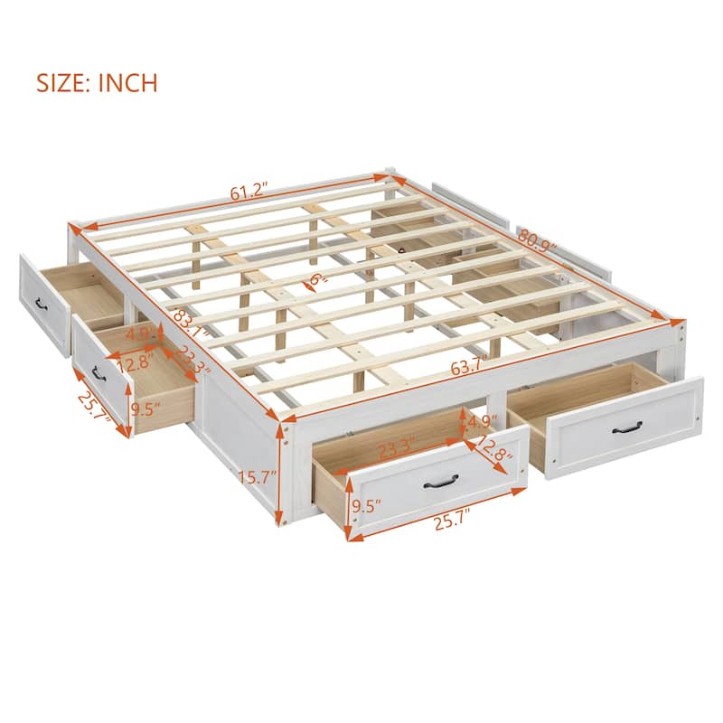 Queen Size Platform Bed Frame with 6 Built-In Storage Drawers, No Headboard, Low Profile Design in Antique