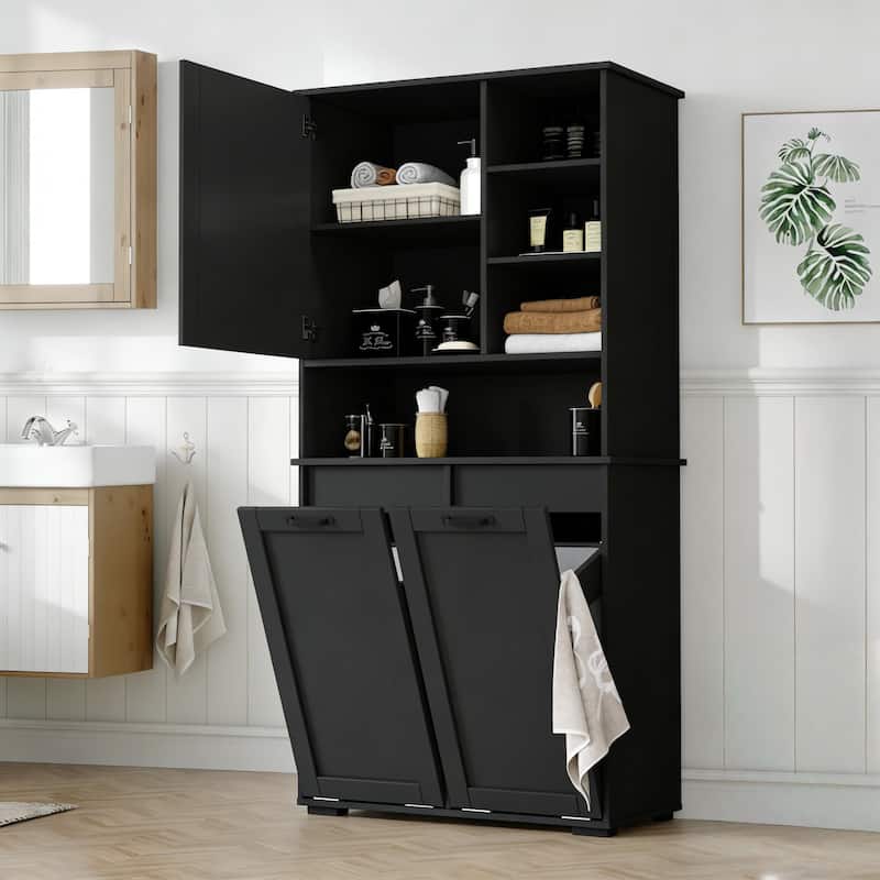Tall Bathroom Storage Cabinet with Doors and shelf, Freestanding Bathroom Cabinet, Tilt-Out Laundry Hamper