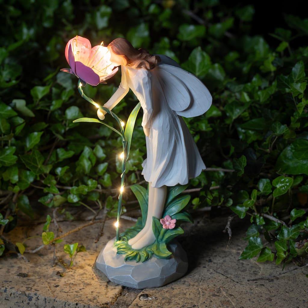 12 in. LED Garden Angel Resin Statuary, Pink Flower