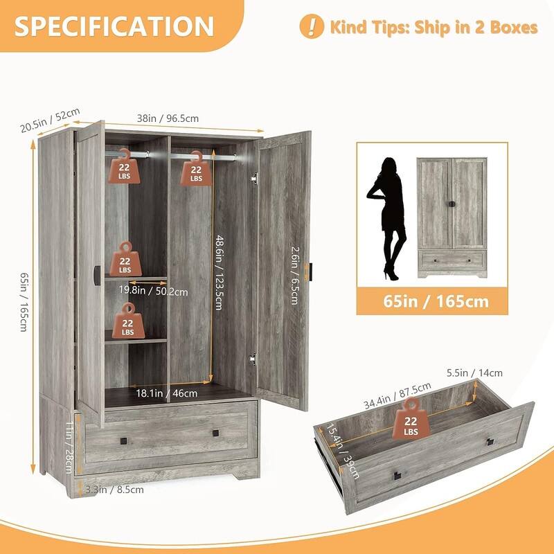 Grey Armoire Wardrobe Closet with Hanging Rod