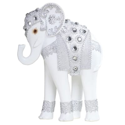 Q-Max 7"H Standing Long Legged Elephant with Decorative Gem Statue Slim Elephant in Silver Feng Shui Decoration Figurine