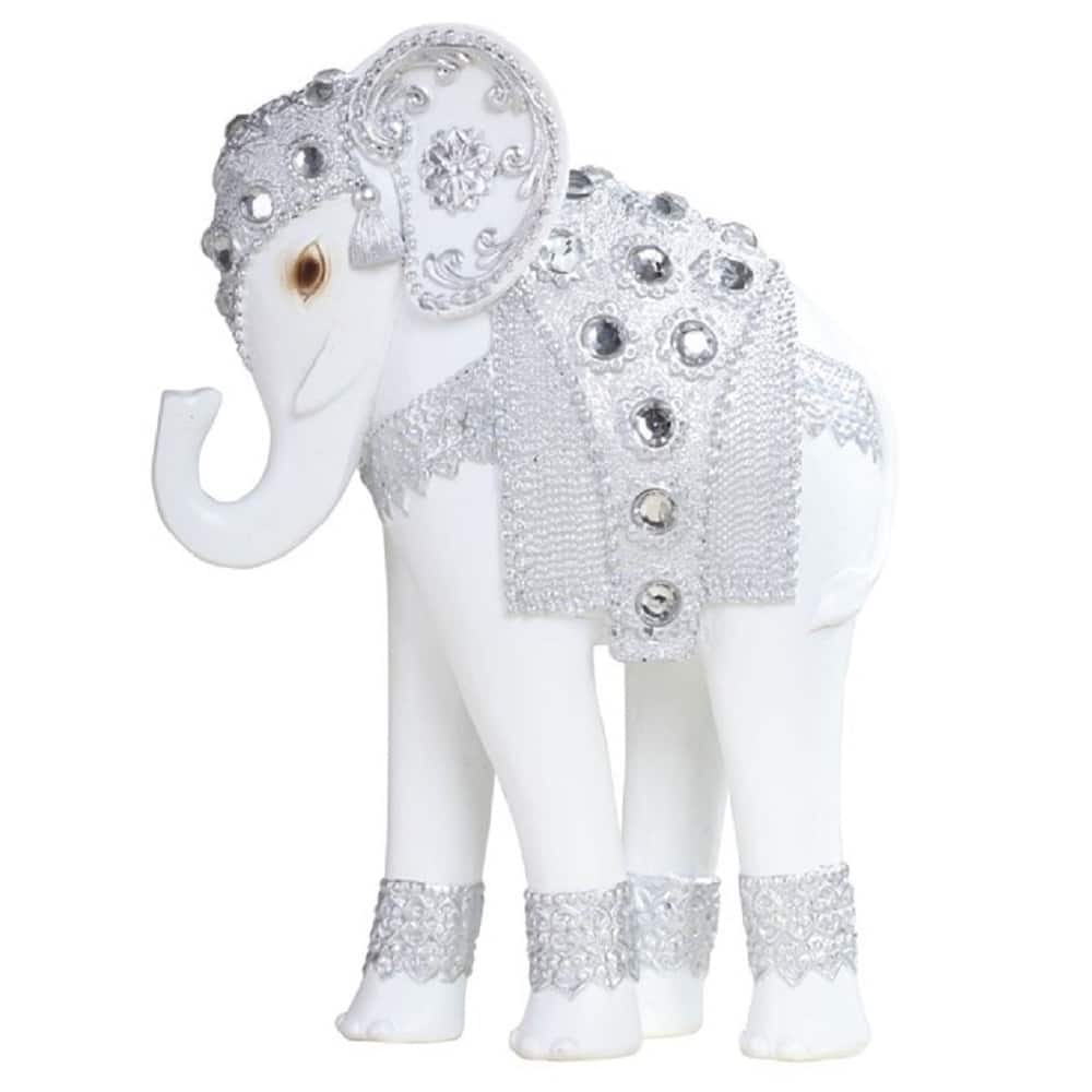 Q-Max 7"H Standing Long Legged Elephant with Decorative Gem Statue Slim Elephant in Silver Feng Shui Decoration Figurine