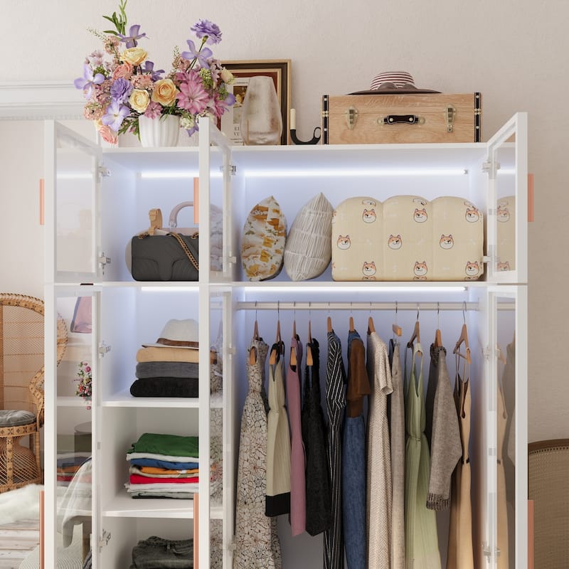47.2" Wide Armoire LED Light All Glass Door Closet Cabinet Wardrobe