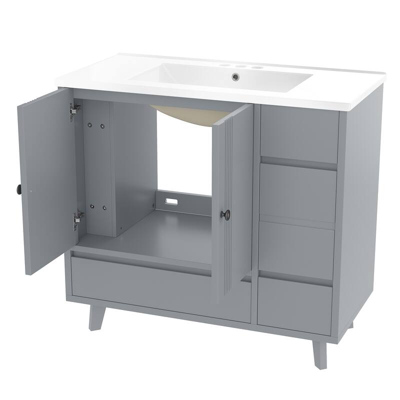 36" Freestanding Bathroom Vanity with Sink - Wood Cabinet with 4 Drawers & Side Storage Rack, Ceramic Basin