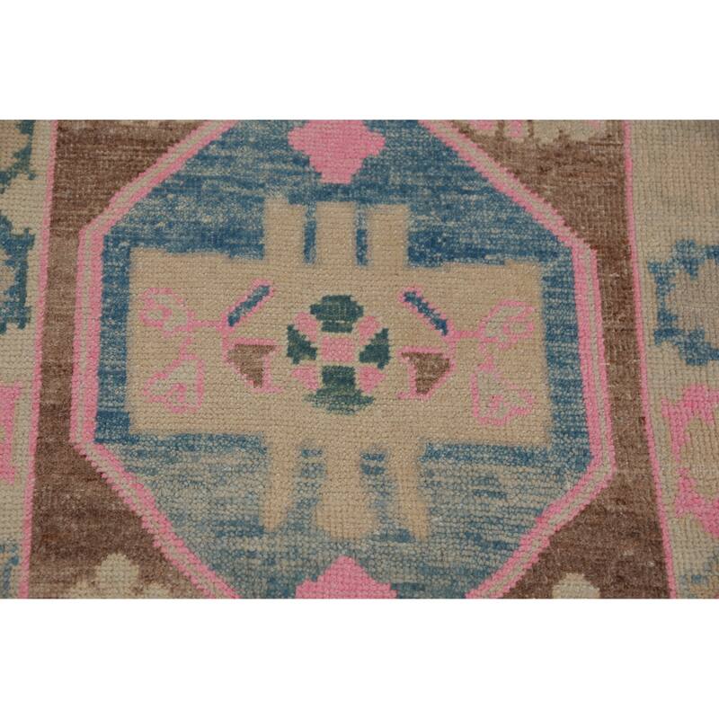 Hand Knotted Oriental 100% Wool Carpet Transitional Geometric Brown Oushak Runner Rug - 16' 1'' X 3' 5''