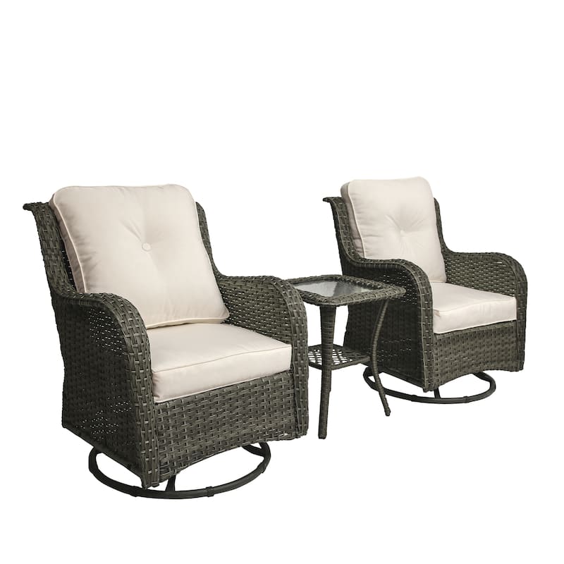 3-Piece Patio Rattan Swivel Cushioned Rocking Chair Set With Side Table