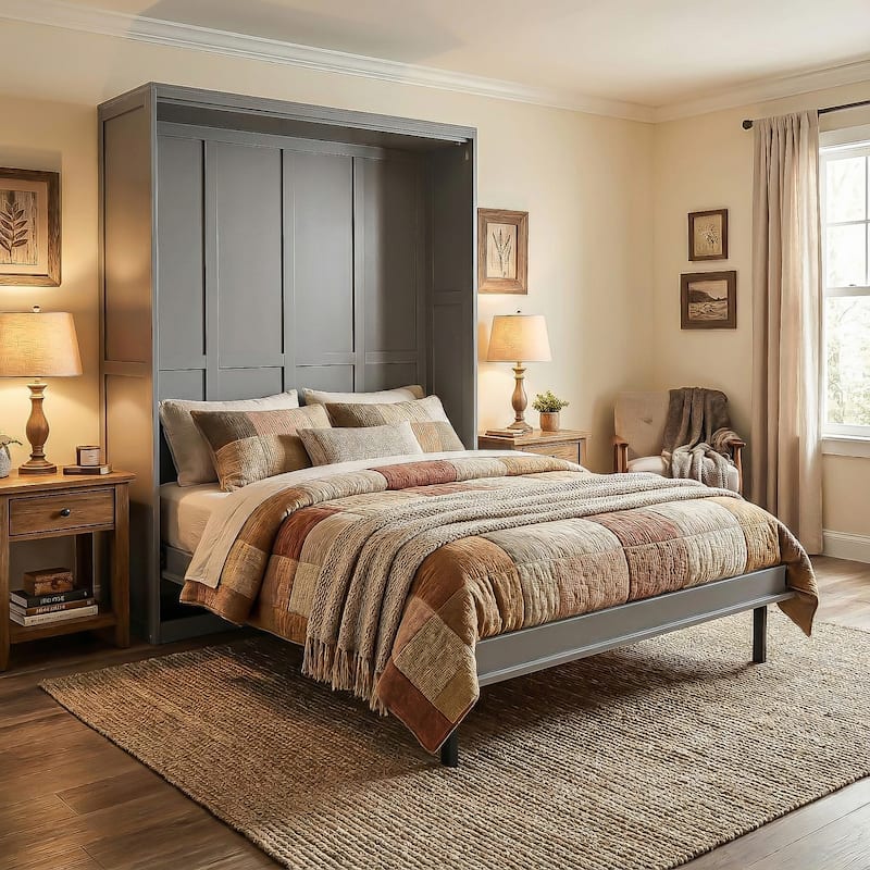 Queen Murphy Bed 360° Rotating Hidden Storage Racks Cabinet Wall Bed - Grey - Queen