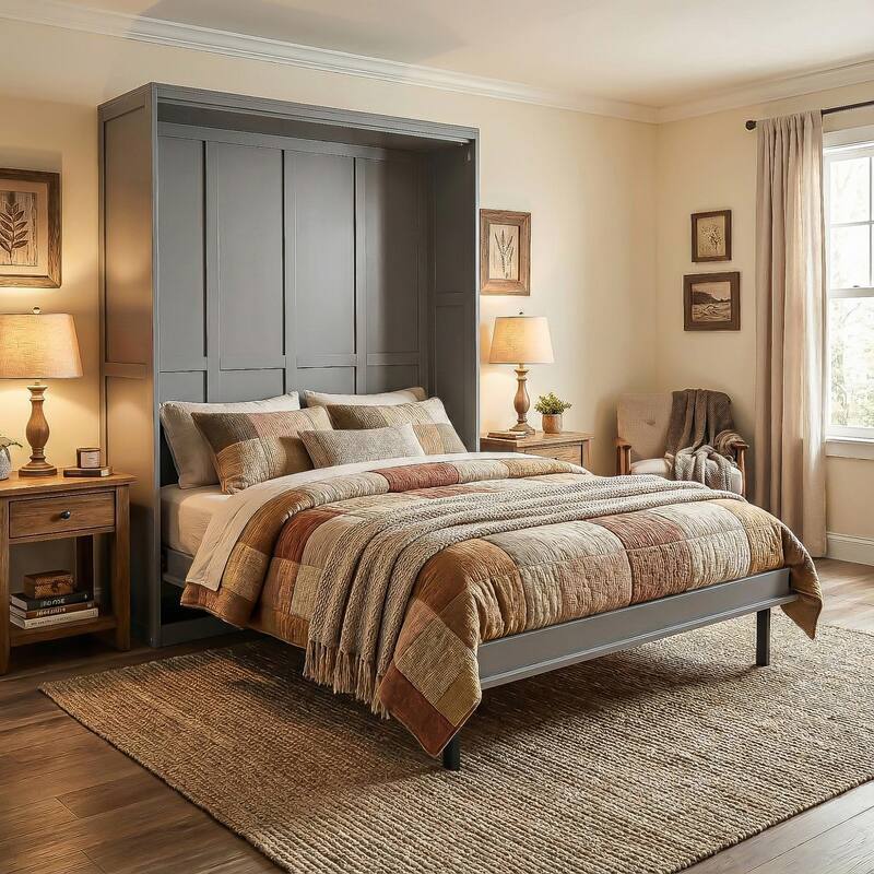 Rotating Queen Murphy Bed with Hidden Storage, Space-Saving Wall Bed for Home Office - Grey