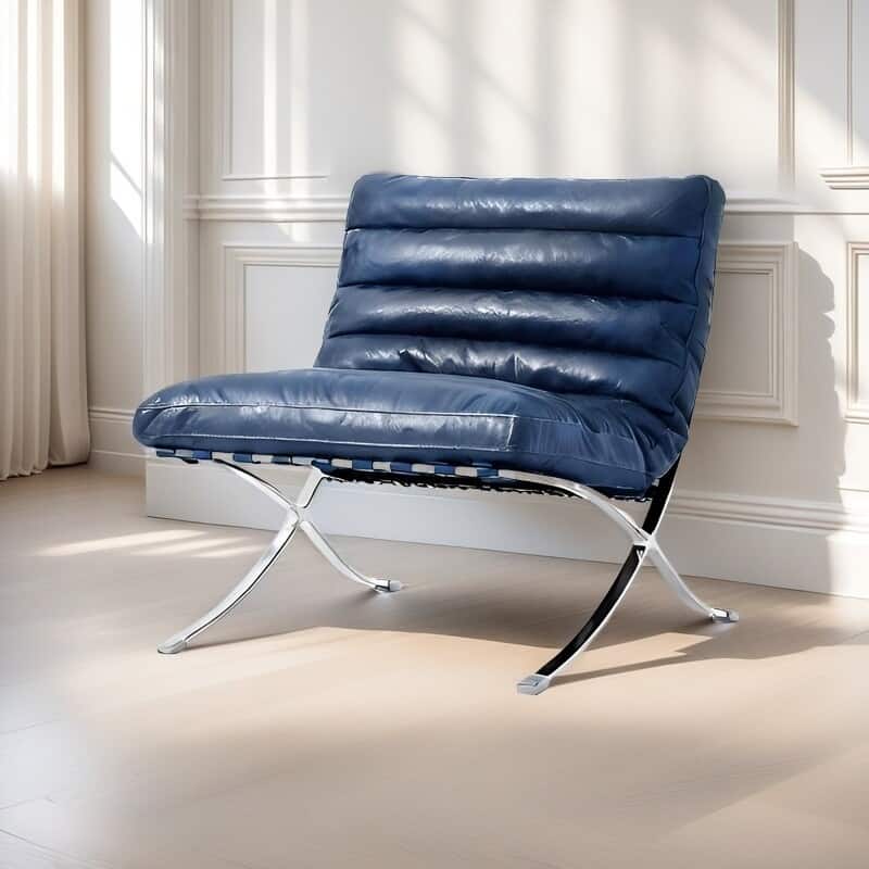 Mid Century Tufted Top Grain Leather Upholstered Lounge Chair