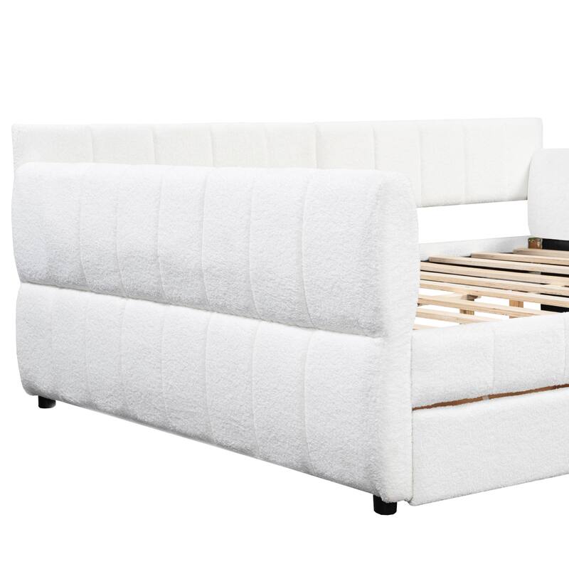 Queen Upholstered Platform Bed Frame with Lambswool Fabric, USB Charging Port, Side Storage Drawers, and Armrest Design
